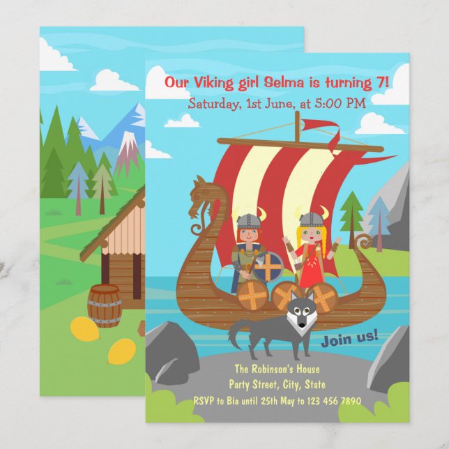 Invitation Fille et garçon viking sur une fête d'anniversaire (Devant / Derrière)