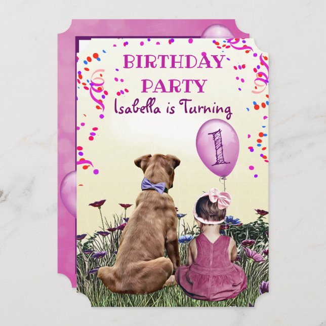 Invitation Fille et son chien Purple fête d'anniversaire (Devant / Derrière)