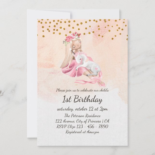 Invitation Fille Et Unicorne Enchanter Baby 1er Anniversaire (Devant)