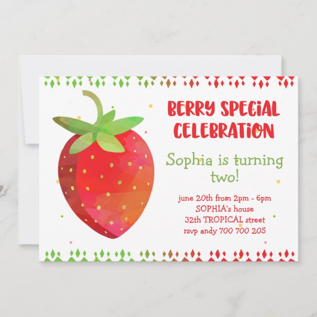 Invitation Fille Eté Anniversaire Berry Special Strawberry Cu (Devant)