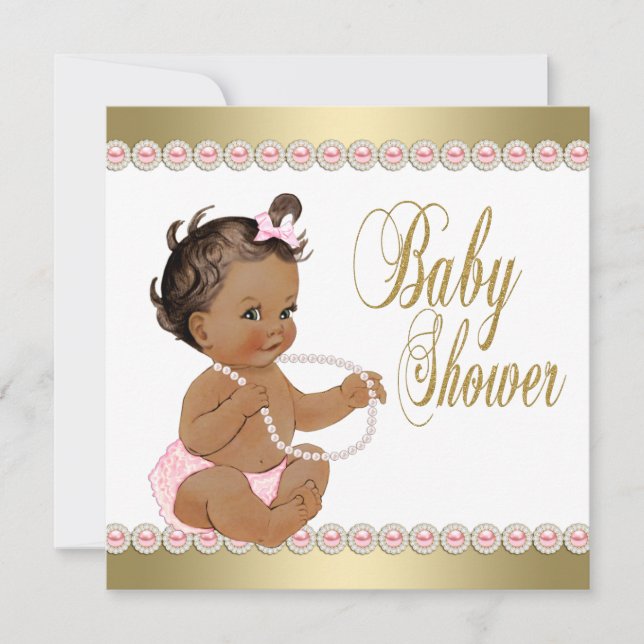 Invitation Fille éthique Diamants Perles Rose Or Baby Shower (Devant)