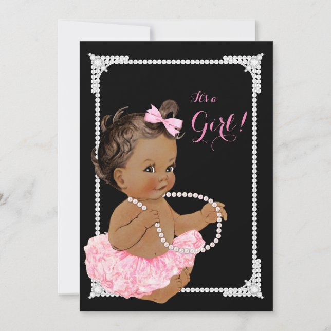 Invitation Fille ethnique Baby Shower perle rose noire (Devant)