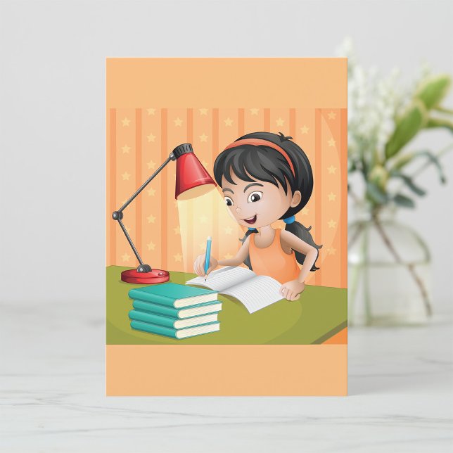 Invitation Fille étudiant au bureau faisant ses devoirs (Créateur téléchargé)