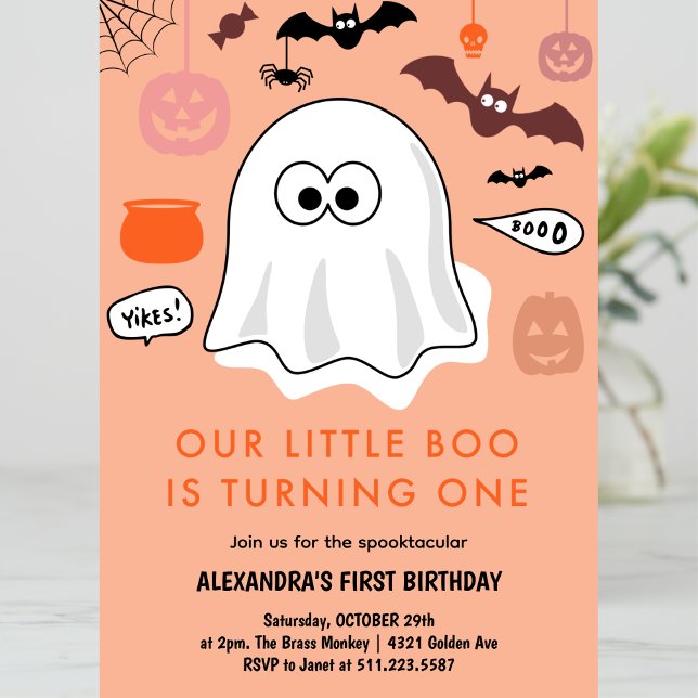 Invitation Fille Fantôme Orange Anniversaire Halloween 1 an (Halloween-1st-birthday-Invitation-ghost-girl-orange-1)