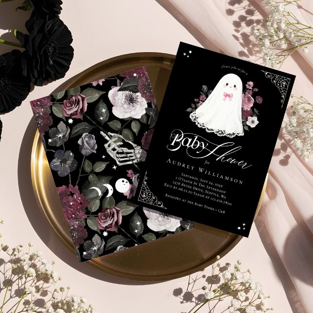 Invitation Fille Fantôme Petit Boo Floral Baby shower gothiqu (Girl Ghost Little Boo Floral Gothic Baby Shower Invitation)