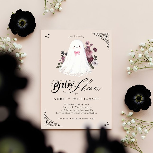 Invitation Fille Fantôme Petit Boo Floral Baby shower gothiqu (Girl Ghost Little Boo Floral Gothic Baby Shower Invitation)