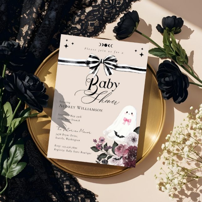Invitation Fille Fantôme Petit Boo Floral Baby shower gothiqu (Girl Ghost Little Boo Floral Gothic Baby Shower Invitation)
