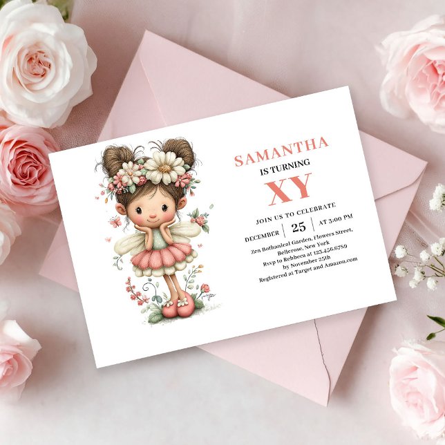 Invitation Fille fée 8e anniversaire Floral Blush Fantaisiste (Fairy Girl 8th Birthday Whimsical Blush Floral invitation)