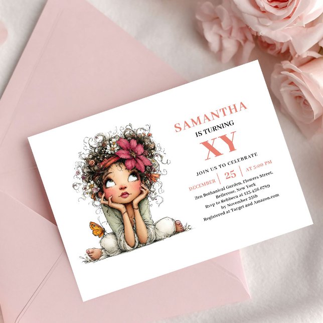 Invitation Fille Fée Adorable 2ème Anniversaire Rose Floral (Adorable Fairy Girl 2nd Birthday Floral Pink invitation)