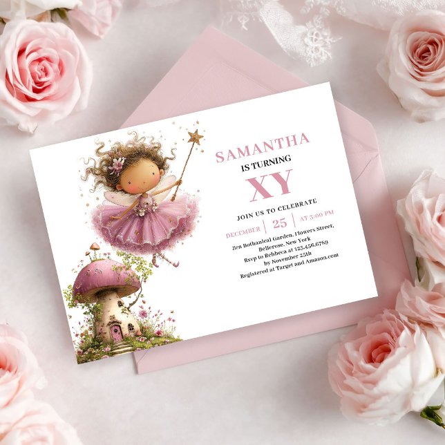 Invitation Fille Fée Capricieuse 1er Anniversaire Rose Pâle (Whimsical Fairy Girl 1st Birthday Blush Pink invitation)