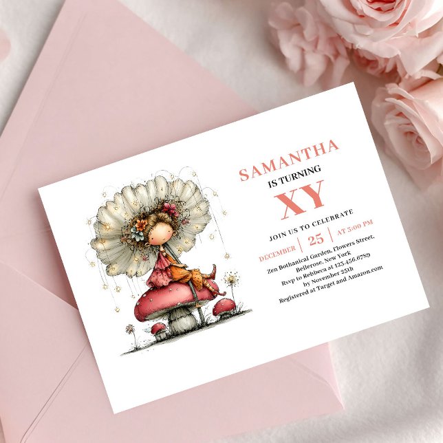 Invitation Fille Fée Capricieuse 5ème Anniversaire Rose Pâle  (Whimsical Fairy Girl 5th Birthday Blush Pink invitation)