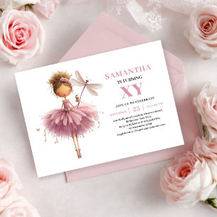 Invitation Fille Fée Capricieuse 6ème Anniversaire Rose Pâle