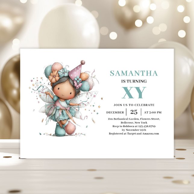 Invitation Fille Fée Fantaisiste 5ème Anniversaire Mignon Pas (Whimsical Fairy Girl 5th Birthday Cute Pastel invitation)