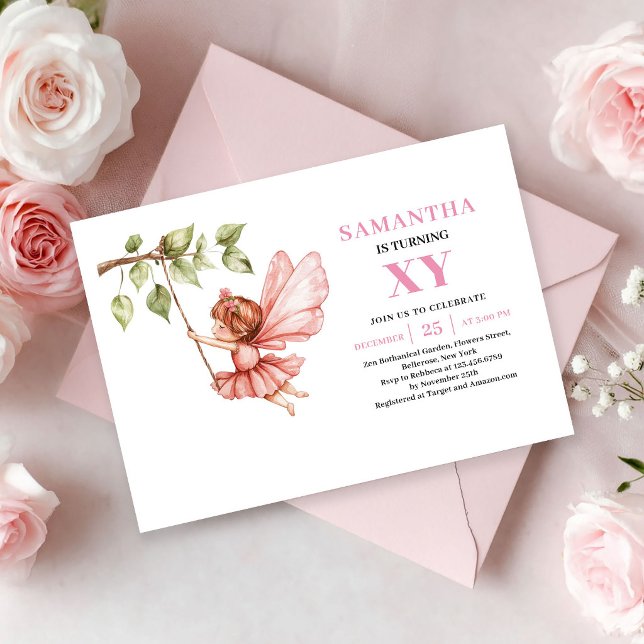 Invitation Fille Fée Fantaisiste 9ème Anniversaire Rose Pâle  (Whimsical Fairy Girl 9th Birthday Blush Pink invitation)