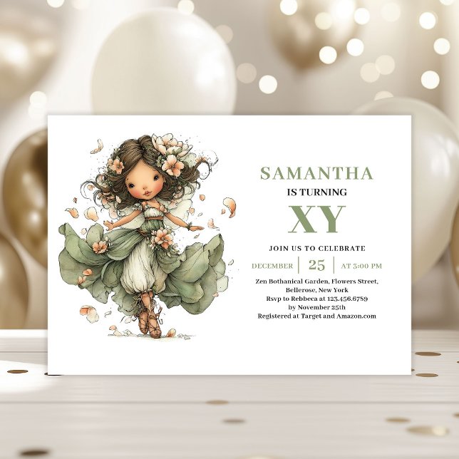 Invitation Fille Fée Magique 3e Anniversaire Floral Vert (Magical Fairy Girl 3rd Birthday Floral Green Invitation)