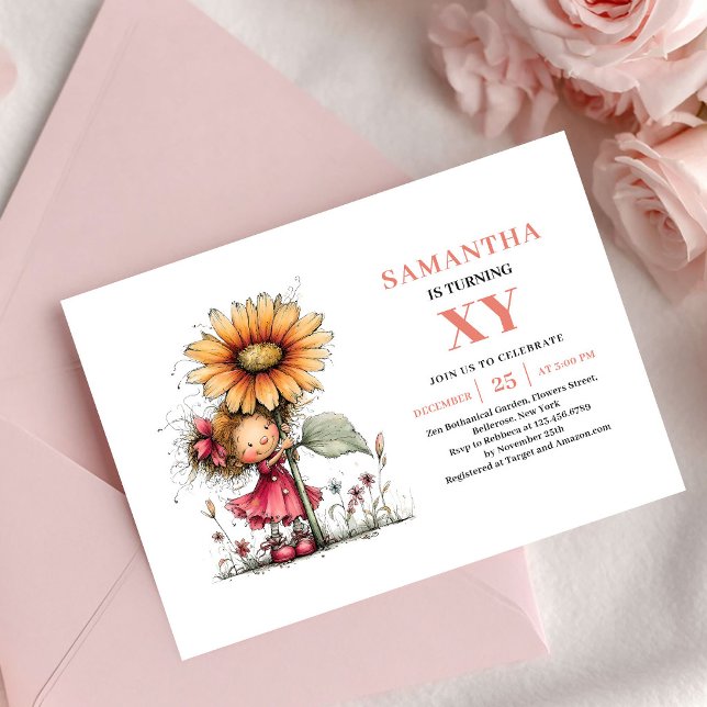 Invitation Fille Fée Mignonne 3ème Anniversaire Rougeur Flora (Cute Fairy Girl 3rd Birthday Blush Floral invitation)