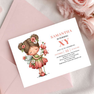 Invitation Fille Fée Rêveuse Anniversaire Floral Rose Pastel
