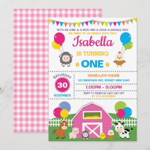 Invitation Fille ferme Barnyard fête d'anniversaire Pink Petc