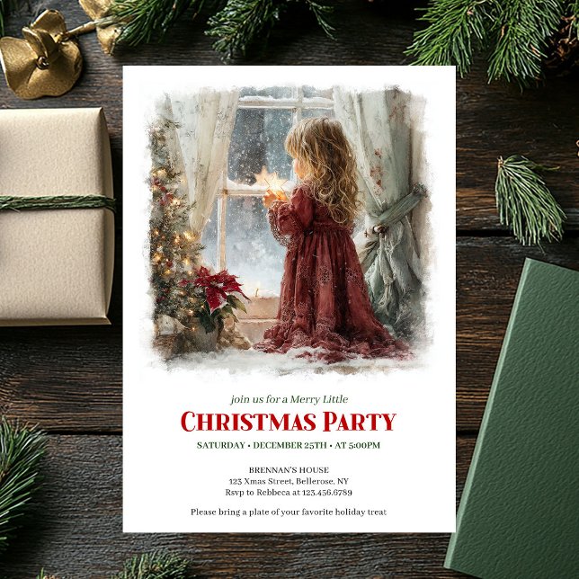 Invitation Fille festive attend le Père Noël imprimable Noël  (Festive girl awaits Santa printable Christmas invite)
