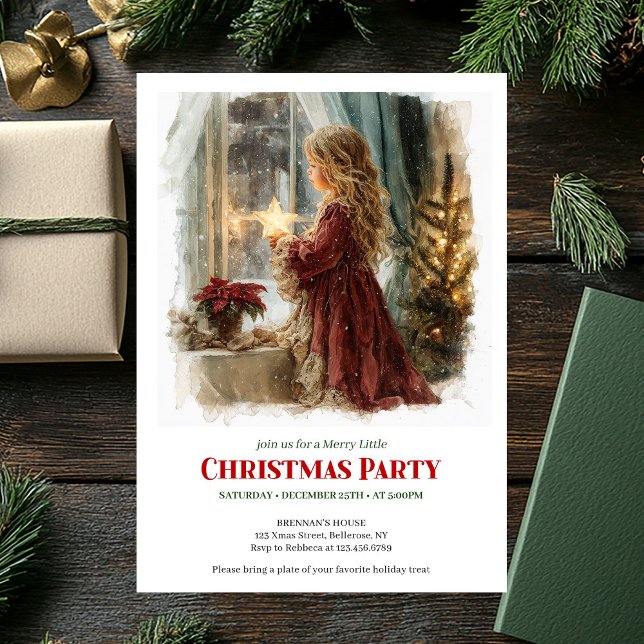 Invitation Fille festive tenant une étoile brillante imprimab (Festive little girl holding shining star printable invitation

)