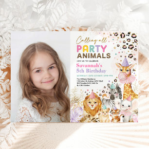 Invitation Fille Fête Animaux Jungle Safari fête d'anniversai