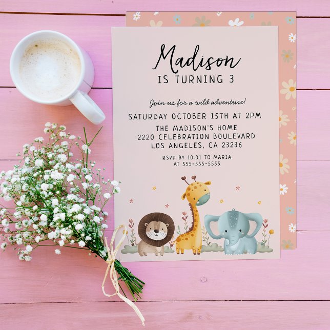 Invitation Fille Fête Animaux sauvages Anniversaire (Créateur téléchargé)