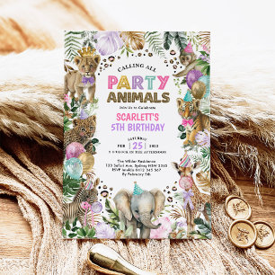 Invitation Fille Fête Animaux Wild Jungle Safari Anniversaire