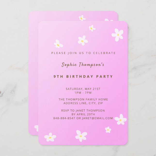 Invitation Fille Fête d'anniversaire de marguerites roses ten (Devant / Derrière)