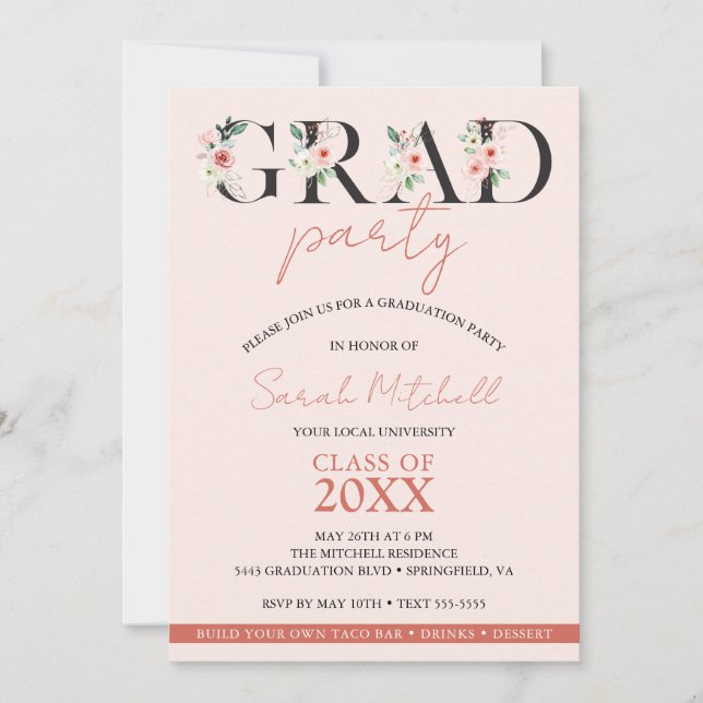Invitation Fille fête de graduation Blush rose floral (Devant)