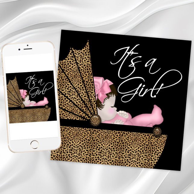 Invitation Fille Fête de Naissance Léopard Rose (Pink leopard baby shower invitation. Instant download and printed invitations available.)