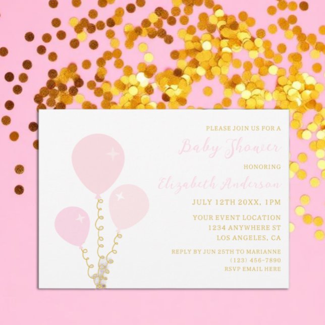 Invitation Fille Fête Prénatale Ballons Roses (Créateur téléchargé)