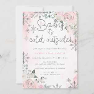 Invitation Fille Fête Prénatale Flocons de Neige Roses Froid