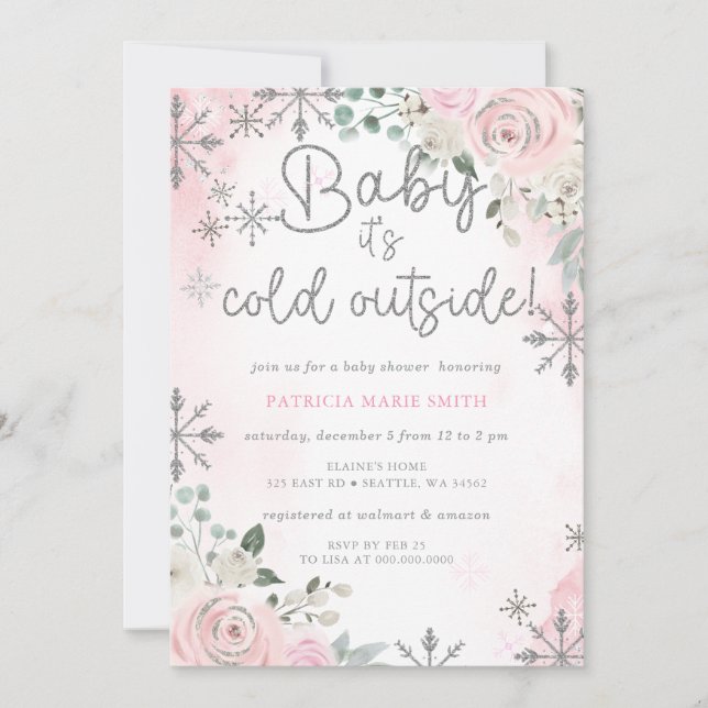 Invitation Fille Fête Prénatale Flocons de Neige Roses Froid  (Devant)