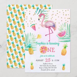 Invitation Fille Flamant rose 1er anniversaire Couleur d'eau