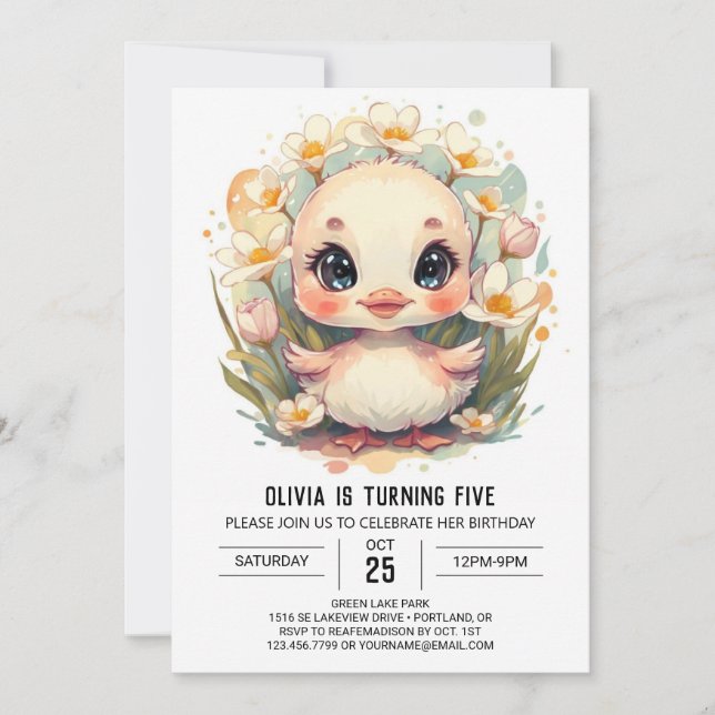 Invitation Fille Fleur sauvage Canard Anniversaire (Devant)