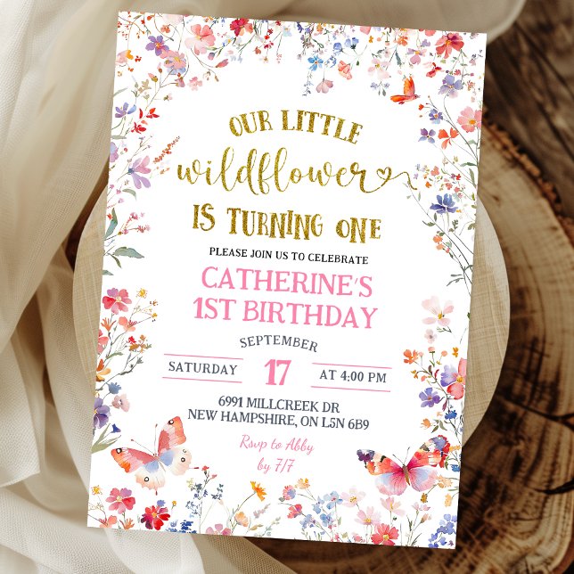 Invitation Fille Fleur Sauvage Rose 1er Anniversaire (Créateur téléchargé)
