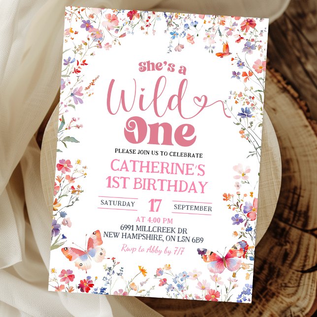 Invitation Fille Fleur Sauvage Rose Premier Anniversaire (Créateur téléchargé)