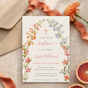 Invitation Fille Fleurs Sauvages Baptême Floral Aquarelle