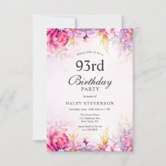 Invitation Fille Floral Pastel Aquarelle Chic 93ème Anniversa