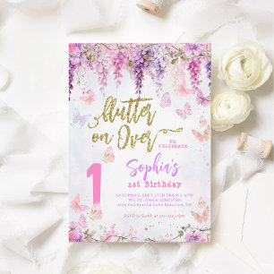 Invitation Fille Floral Wisteria Gold Butterfly Anniversaire