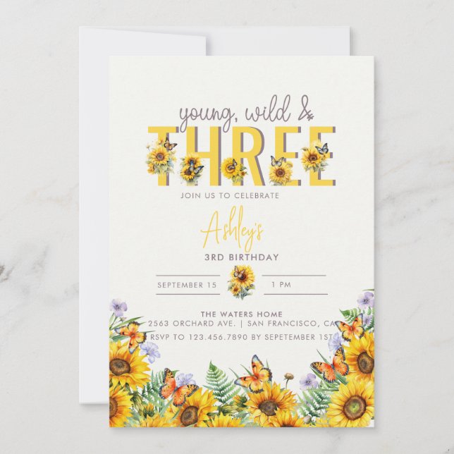 Invitation Fille florale Anniversaire | 3e anniversaire (Devant)
