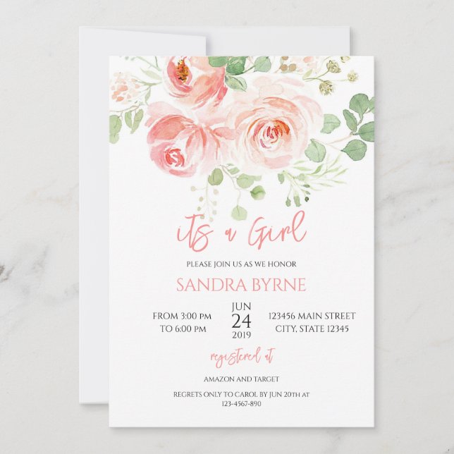Invitation Fille Florale Baby Shower Rose Pâle (Devant)