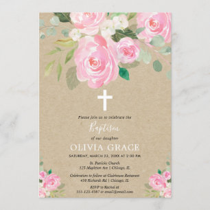 Invitation Fille florale blanche rose rustique de baptême