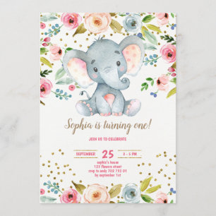 Invitation Fille florale d'éléphant rousse d'anniversaire
