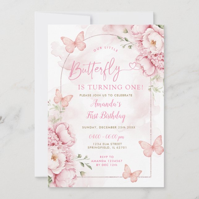 Invitation Fille Florale Papillon a un an Anniversaire (Devant)