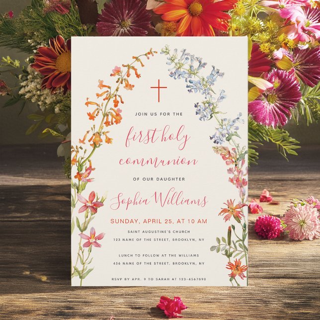 Invitation Fille florale Première communion Aquarelle Fleurs  (Créateur téléchargé)