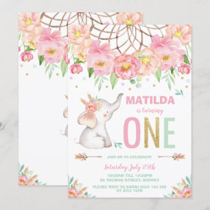 Invitation Fille florale rose de Boho de ęr anniversaire