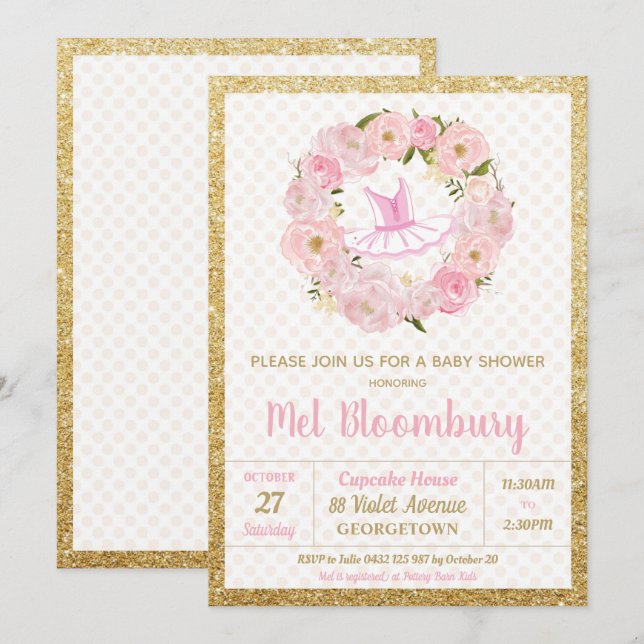 Invitation Fille florale rose d'invitation de baby shower de (Devant / Derrière)