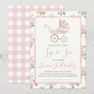 Invitation Fille Florale Rose Preppy Southern Sip & Voir