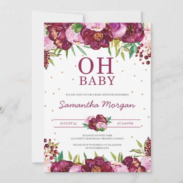 Invitation Fille florale rose rouge marron oh baby shower (Devant)